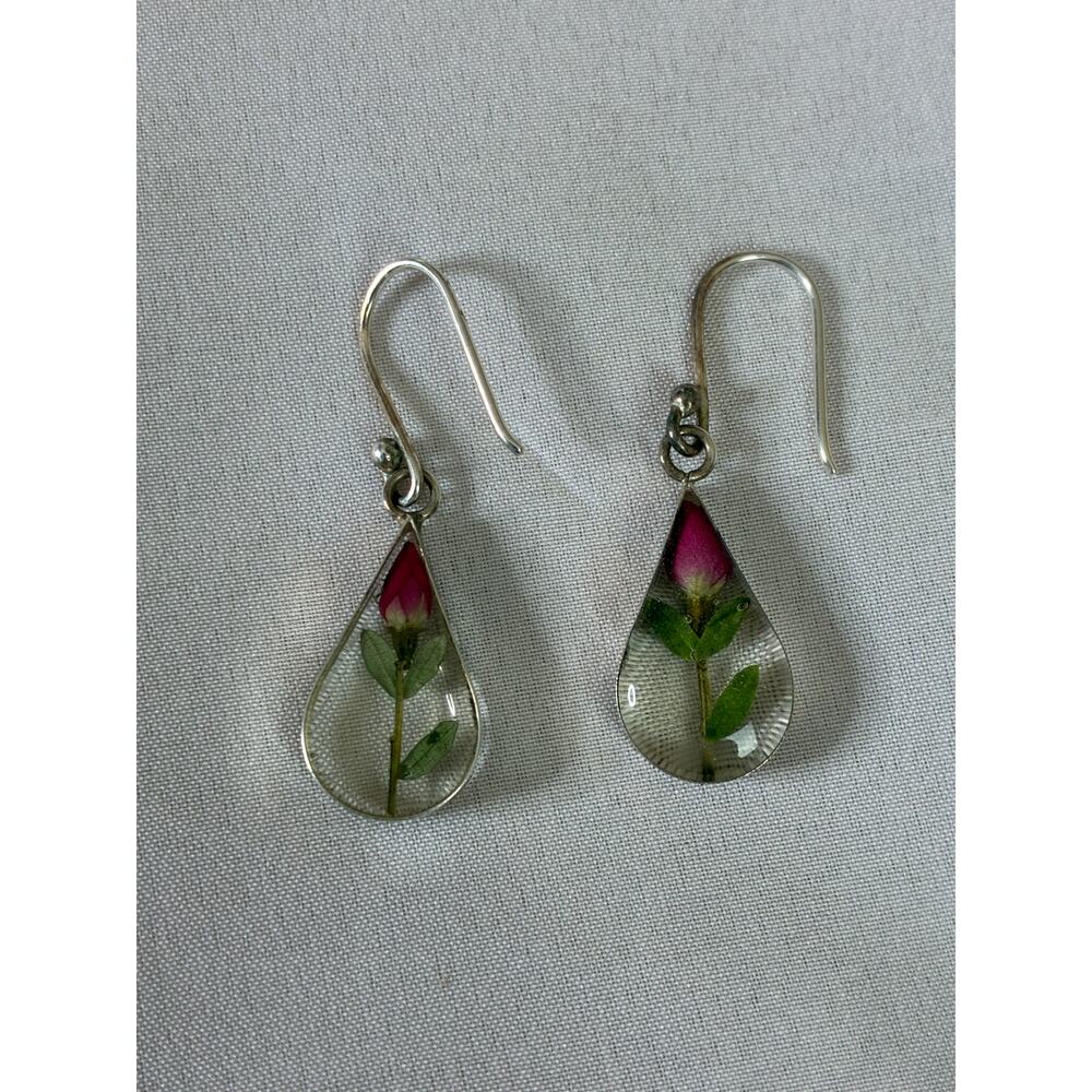 ATI Mexico 925 Sterling Silver Real Rose Pressed Flower Teardrop Dangle Earrings